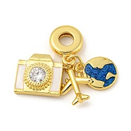 Rack Plating Brass Enamel European Dangle Charms, Airplane Earth Camera Large Hole Charms, with Cubic Zirconia, Long-Lasting Plated, Lead Free & Cadmium Free, Real 18K Gold Plated, 33.5mm, Airplane: 14x10x3mm, Camera: 12.5x13.5x4mm, Earth: 13x10x2mm, Hole: 4.5mm(KK-R153-13G)
