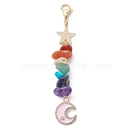 Moon Alloy Enamel Pendant Decorations, with Chakra Gemstone Chips & Brass Star Link and 304 Stainless Steel Lobster Claw Clasps, Pink, 78mm(HJEW-JM01276-04)