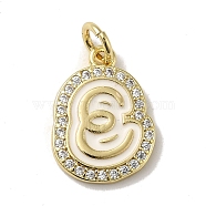 Brass Micro Pave Cubic Zirconia Pendants, with Jump Rings, Real 18K Gold Plated, Letter E, 18.5x13.5x2mm, Hole: 3.8mm(KK-K354-02G-E)