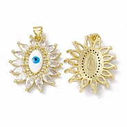 Rack Plating Brass Micro Pave Cubic Zirconia Pendants, with Enamel, Long-Lasting Plated, Cadmium Free & Lead Free, Flower with Evil Eye, Real 18K Gold Plated, 25x21.5x4.5mm, Hole: 4x3mm(ZIRC-C041-31G)