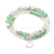 Moon and Star Charm Multi-strand Bracelet, Natural Howlite & Green Aventurine Round Beads Bracelet, Sparkling Glass Beads Bracelet for Girl Women, Inner Diameter: 2-1/8 inch(5.4cm)(BJEW-TA00033-02)