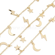 Brass Cable Chains, with Star & Moon & Lightning Charms, Unwelded, with Spool, Real 18K Gold Plated, 2x1.5x0.3mm(CHC-M025-07G)