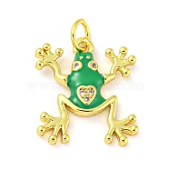 Rack Plating Brass Micro Pave Cubic Zirconia Pendants, with Enamel & Jump Ring, Cadmium Free & Lead Free, Long-Lasting Plated, Real 18K Gold Plated, Frog, Green, 17.5x15.5x2.5mm, Hole: 3.4mm(KK-A200-08G)