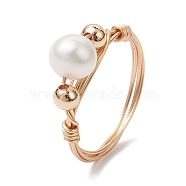 Round Natural Cultured Freshwater Pearl Finger Rings, Copper Wire Wrapped Ring for Women, Golden, 7mm, Inner Diameter: 18mm(RJEW-JR00698)