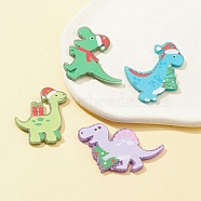 4Pcs 4 Styles Printed Opaque Acrylic Pendants, with Glitter Sequins, for Christmas, Dinosaur with Christmas Tree/Hat/Gift Box Charm, Mixed Color, 36~40x33~42x2~2.5mm, Hole: 1.6~1.8mm, 1pc/style(MACR-FS0001-55)