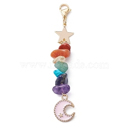 Moon Alloy Enamel Pendant Decorations, with Chakra Gemstone Chips & Brass Star Link and 304 Stainless Steel Lobster Claw Clasps, Pink, 78mm(HJEW-JM01276-04)