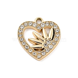 UV Plating Alloy Rhinestone Pendants, Heart with Leaf Charms, Golden, 19x18x2.5mm, Hole: 1.8mm(PALLOY-D026-21G)