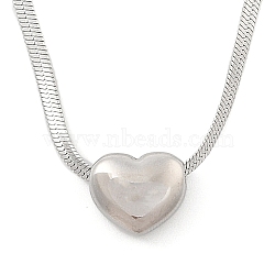 304 Stainless Steel Heart Pendant Flat Snake Chain Necklaces for Women, Stainless Steel Color, 14.25 inch(36.2cm)(NJEW-F328-08P)