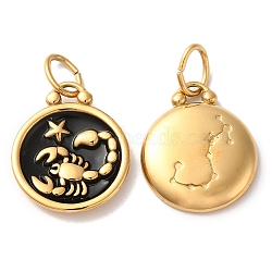 Ion Plating(IP) 304 Stainless Steel Enamel Pendants, with Jump Ring, Flat Round with Constellation, Golden, Scorpio, 20.5x17x2.5~3.5mm, Hole: 4x6mm(STAS-A080-43G-04)