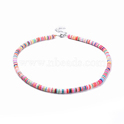 Handmade Polymer Clay Heishi Beaded Necklaces, with Electroplate Glass Seed Beads, Brass Crimp Beads and 304 Stainless Steel Findings, Colorful, 18.7 inch(47.5cm), 6mm(NJEW-JN02451)