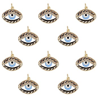 10Pcs Brass Micro Pave Clear Cubic Zirconia Pendants, with Enamel and Jump Rings, Golden, Eye, Cornflower Blue, 19x23x4mm, Jump Ring: 6x1mm, 4mm inner diameter