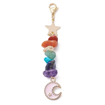 Moon Alloy Enamel Pendant Decorations, with Chakra Gemstone Chips & Brass Star Link and 304 Stainless Steel Lobster Claw Clasps, Pink, 78mm