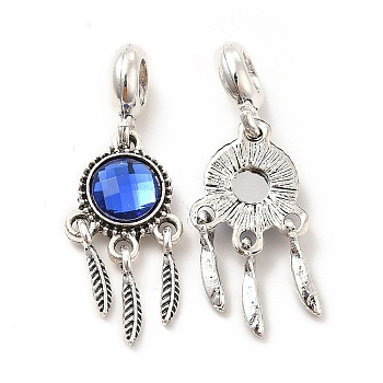 Rack Plating Alloy European Dangle Charms, with Glass, Large Hole Charms, Flat Round with Feather, Antique Silver, Royal Blue, 35mm, Pendant: 25x13x4mm, Hole: 5mm