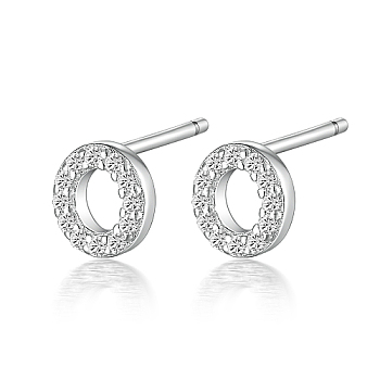 Rhodium Plated 925 Sterling Silver Initial Letter Stud Earrings, with Cubic Zirconia, Platinum, Letter O, 5x5mm