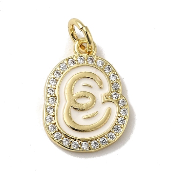 Brass Micro Pave Cubic Zirconia Pendants, with Jump Rings, Real 18K Gold Plated, Letter E, 18.5x13.5x2mm, Hole: 3.8mm