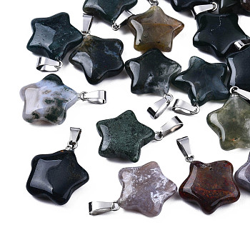 Star Natural Indian Agate Pendants, with Platinum Tone Brass Findings, 22~23x20~24x5~7mm, Hole: 2x7mm