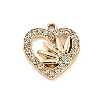 UV Plating Alloy Rhinestone Pendants, Heart with Leaf Charms, Golden, 19x18x2.5mm, Hole: 1.8mm