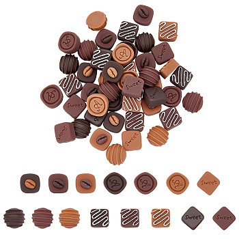 60Pcs 15 Styles Imitation Food Resin Decoden Cabochons, Rhombus/Half Round Chocolate Shape, Mixed Color, 18~20x17~20x7~11mm, 4pcs/style