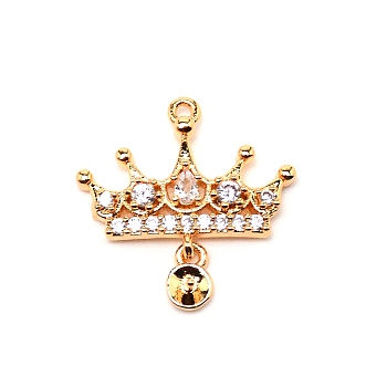 Brass Micro Pave Clear Cubic Zirconia Pendants, Long-Lasting Plated, Crown, Real 14K Gold Plated, 18x18x3.5mm, Hole: 1mm