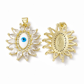 Rack Plating Brass Micro Pave Cubic Zirconia Pendants, with Enamel, Long-Lasting Plated, Cadmium Free & Lead Free, Flower with Evil Eye, Real 18K Gold Plated, 25x21.5x4.5mm, Hole: 4x3mm