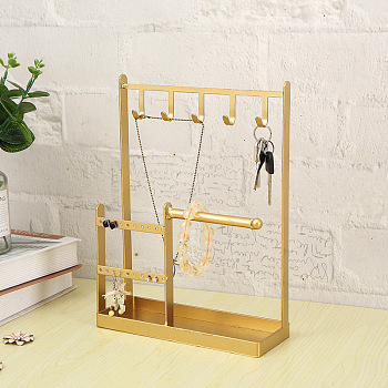 Rectangle Iron Jewelry Display Stands, Jewelry Organizer Holder with Tray for Necklace, Bracelet, Keychain Display, Home Decorations, Golden, 7.5x19.7x27cm