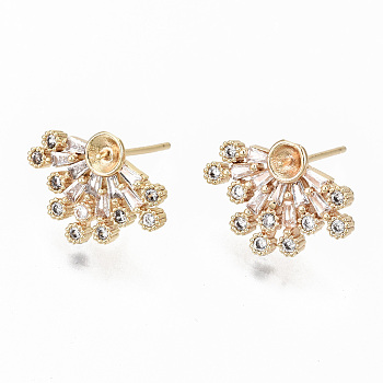 Brass Micro Pave Clear Cubic Zirconia Earring Findings, for Half Drilled Beads, Nickel Free, Real 18K Gold Plated, 12x16.5mm, Pin: 0.7mm, Pin: 0.6mm(for half drilled beads)