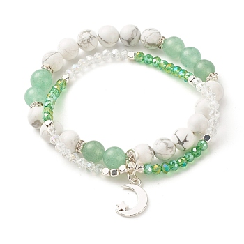 Moon and Star Charm Multi-strand Bracelet, Natural Howlite & Green Aventurine Round Beads Bracelet, Sparkling Glass Beads Bracelet for Girl Women, Inner Diameter: 2-1/8 inch(5.4cm)