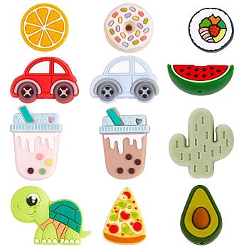 12Pcs 12 Style Food Grade Eco-Friendly Silicone Beads, Chewing Beads For Teethers, DIY Nursing Necklaces Making, Cactus & Donut & Pizza, Mixed Color, 13~35x21.5~34x7.5~15mm, Hole: 2~2.5mm, 1pc/style