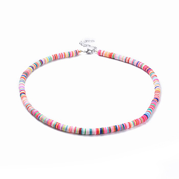 Handmade Polymer Clay Heishi Beaded Necklaces, with Electroplate Glass Seed Beads, Brass Crimp Beads and 304 Stainless Steel Findings, Colorful, 18.7 inch(47.5cm), 6mm