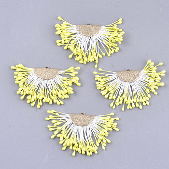 Polycotton(Polyester Cotton) Tassel Pendant Decorations, with Foam and Brass Findings, Fan, Golden, Yellow, 40~45x64~68x3mm, Hole: 1.2x2mm