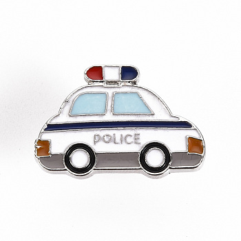 Alloy Enamel Brooches, Enamel Pins, with Brass Butterfly Clutches, Police Car, Cadmium Free & Nickel Free & Lead Free, Platinum, White, 5/8x1 inch(17x24.5mm), Pin: 1mm