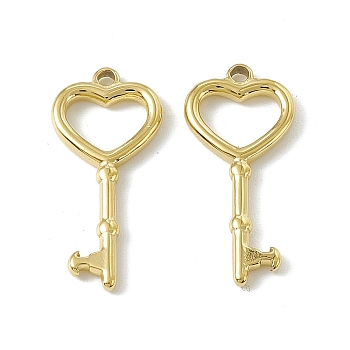Vacuum Plating 201 Stainless Steel Pendants, Heart Key Charm, Real 18K Gold Plated, 22x10x1.5mm, Hole: 1.4mm