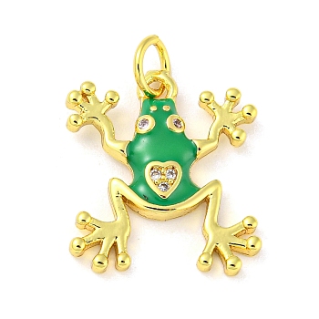 Rack Plating Brass Micro Pave Cubic Zirconia Pendants, with Enamel & Jump Ring, Cadmium Free & Lead Free, Long-Lasting Plated, Real 18K Gold Plated, Frog, Green, 17.5x15.5x2.5mm, Hole: 3.4mm