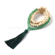 Dual-use Items, Four Loops Wrap Bracelets or Necklaces, with Polyester Tassel, Round Natural Green Aventurine Beads and Wood Beads, 33-7/8 inch(86cm)(BJEW-H536-09F)