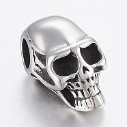 304 Stainless Steel European Beads, Large Hole Beads, Skull Head, Stainless Steel Color, 21x10.5x11mm, Hole: 5mm(STAS-H446-92AS)