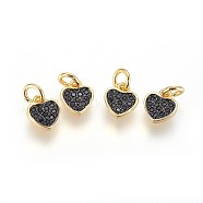 Brass Micro Pave Cubic Zirconia Charms, with Jump Ring, Heart, Black, Gunmetal & Golden, 8x7x2mm, Hole: 3mm(X-ZIRC-G150-03A)