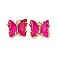 Brass with Glass Pendants, Butterfly, Deep Pink, 10x12x4mm, Hole: 1.2mm(FIND-Z020-02R)