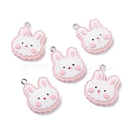 Opaque Resin Pendants, with Platinum Tone Iron Loops, Rabbit Head, Pink, 27x22.5x6mm, Hole: 2mm(RESI-F030-20)