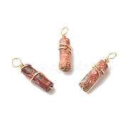 Natural Leopard Skin Jasper Pendants, with Light Gold Tone Eco-Friendly Copper Wire Wrapped, Column, 20~21x5~5.5mm, Hole: 2.3~2.8mm(PALLOY-JF01453-04)