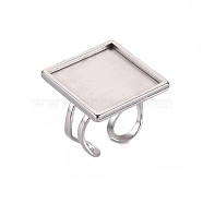 201 Stainless Steel Cuff Pad Ring Settings, Laser Cut, Square, Stainless Steel Color, Tray: 20x20mm, US Size 7 1/4(17.5)~US Size 8(18mm)(STAS-S080-041F-P)