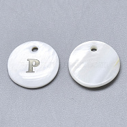 Natural White Shell Mother of Pearl Shell Charms, with Iron Sticker, Flat Round with Letter, Letter.P, 13x2mm, Hole: 1.5mm(X-SSHEL-N036-053P)