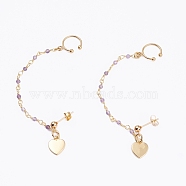 304 Stainless Steel Stud Earrings, with Clip-on Earrings and Natural Amethyst Beaded Chains, Heart, Real 18K Gold Plated, 15mm, Pin: 0.7mm(EJEW-JE04526-02)