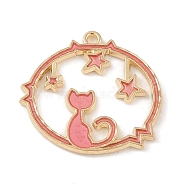 Alloy Enamel Pendants, Light Gold, Ring with Cat Shape, Pink, 22.5x24x1.5mm, Hole: 1.4mm(ENAM-Z010-01B-KCG)