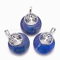 Natural Lapis Lazuli Pendants, with Platinum Tone Brass Findings, Flat Round with Tree of Life, 32.5~33x27.5~28x5~6mm, Hole: 5x7mm(G-F573-C11)