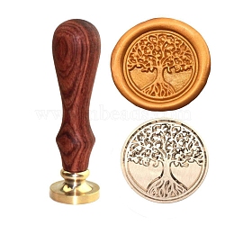 Wood Handle & Brass Head, for Wax Seal Stamp, Wedding Invitations Making, Tree of Life Pattern, Golden, 25mm(TREE-PW0001-88)