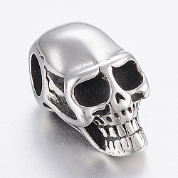 Tarnish Resistant 304 Stainless Steel European Beads, Large Hole Beads, Skull Head, Stainless Steel Color, 21x10.5x11mm, Hole: 5mm(STAS-H446-92AS)