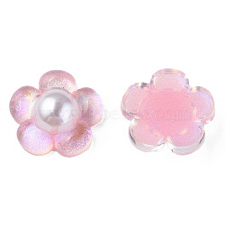 Translucent Epoxy Resin Cabochons, with ABS Plastic Imitation Pearl and Glitter Powder, Flower, Pink, 19x19.5x6.5mm(CRES-N034-30C)