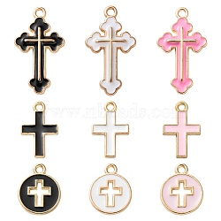 90Pcs 9 Style Easter Themed Light Gold Alloy Enamel Pendants, Flat Round with Cross & Cross, Mixed Color, 15~25x10~14x1.5~1.8mm, Hole: 1.6~1.8mm, 10pcs/style(ENAM-LS0001-74)