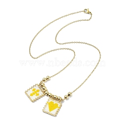 Rectangle with Cross & Heart Glass Seed Beaded Pendant Necklace, Golden 304 Stainless Steel Jewelry for Women, Yellow, 17.68 inch(44.9cm)(NJEW-MZ00015-01)
