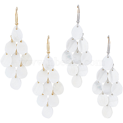 2 Pairs 2 Colors Natural Shell Teardrop Cluster Dangle Earrings, Brass Long Drop Earrings for Women, Platinum & Golden, 70mm, Pin: 1mm, 1 Pair/color(EJEW-AN0001-69)